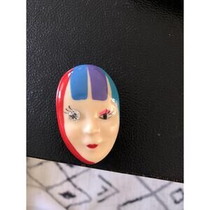 Vintage 80's Painted Lady Face Plastic Lucite Brooch Pin